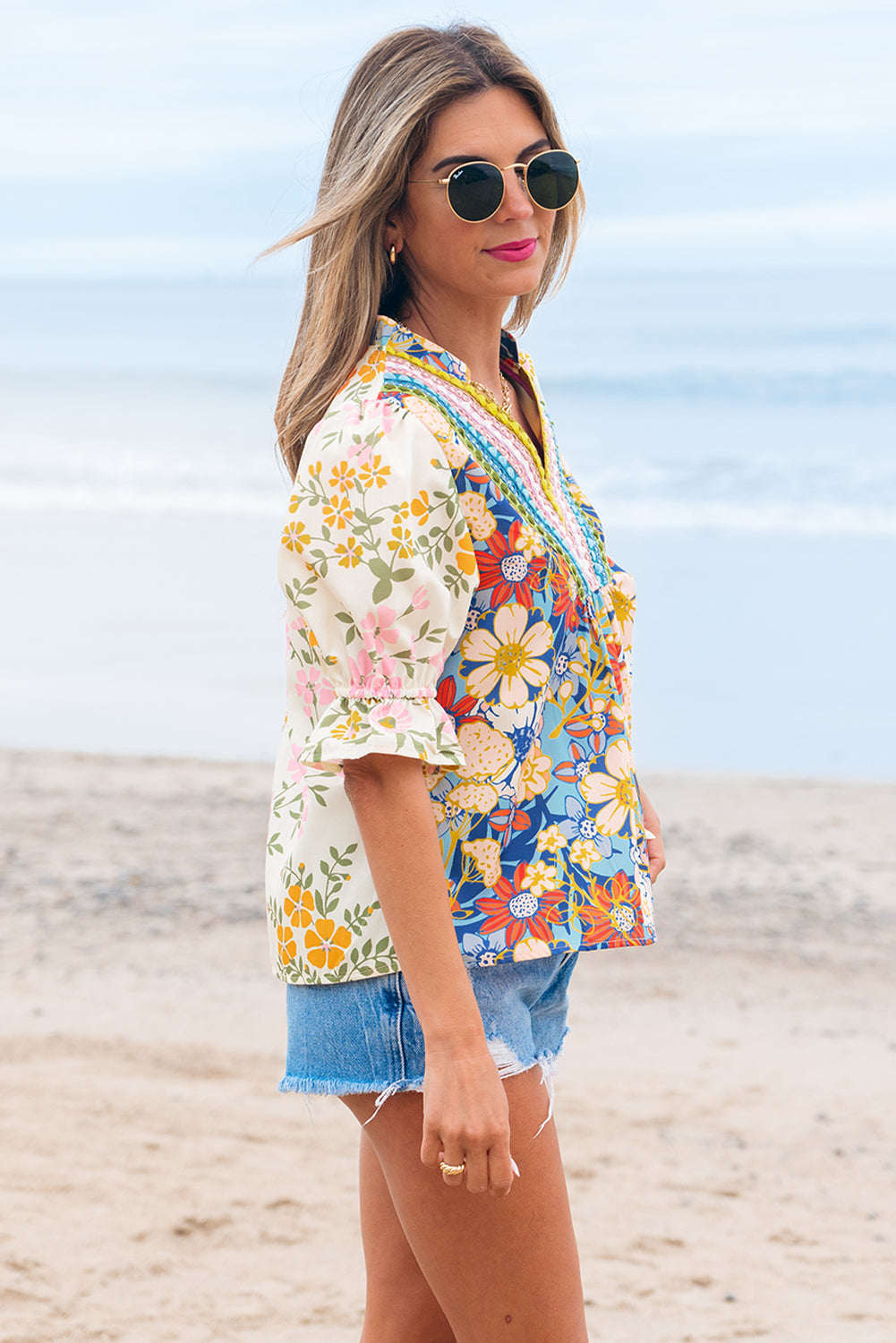 Luxury Multicolour Crochet V Neck Half Sleeve Boho Floral Blouse