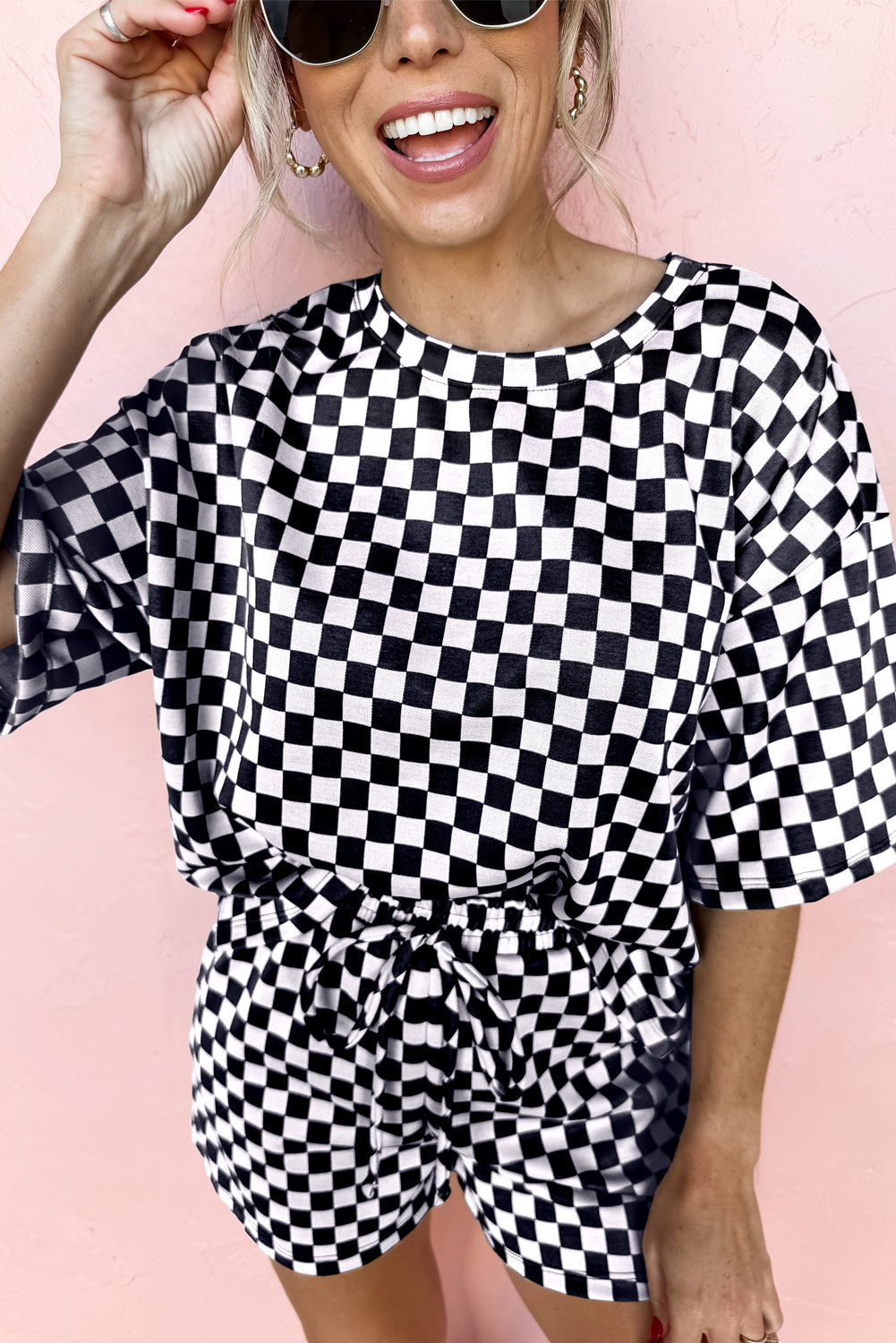 Luxury Checkered Top and Drawstring Shorts Pajama Set