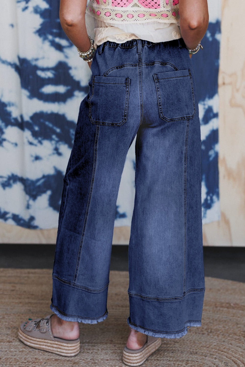 Drawstring Waist Seam Detail Wide Leg Jeans Beau Blue