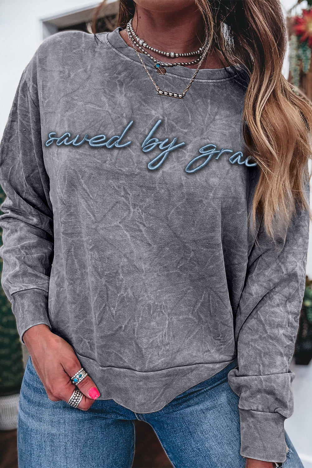 High-rise Mineral Wash Loose Sweatshirt Letter Embroidery
