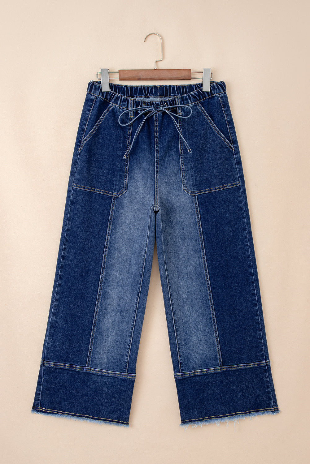 Drawstring Waist Seam Detail Wide Leg Jeans Beau Blue