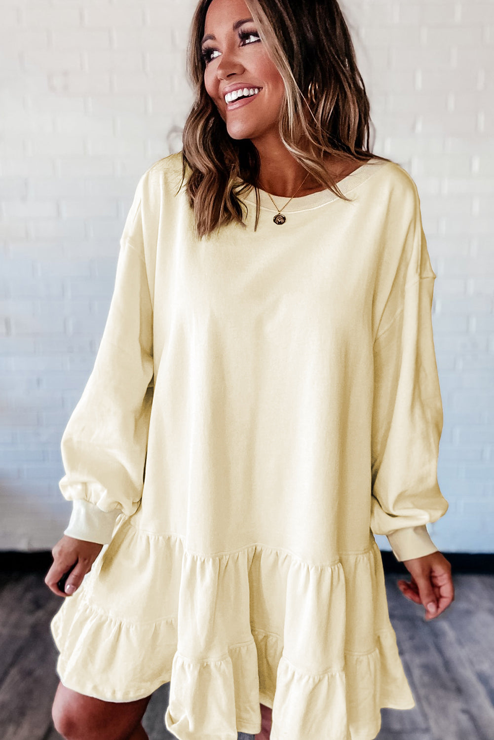 Beige Double Tiered Ruffle Hem Long Sleeve Mini Dress