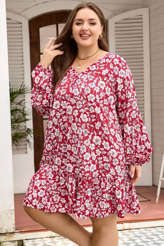 Plus Size Floral Balloon Sleeve Mini Dress
