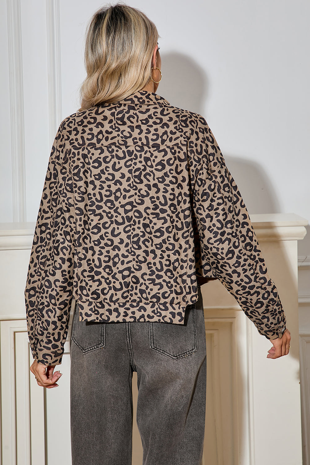 Leopard Print Dark Khaki Raw Hem Cropped Jacket