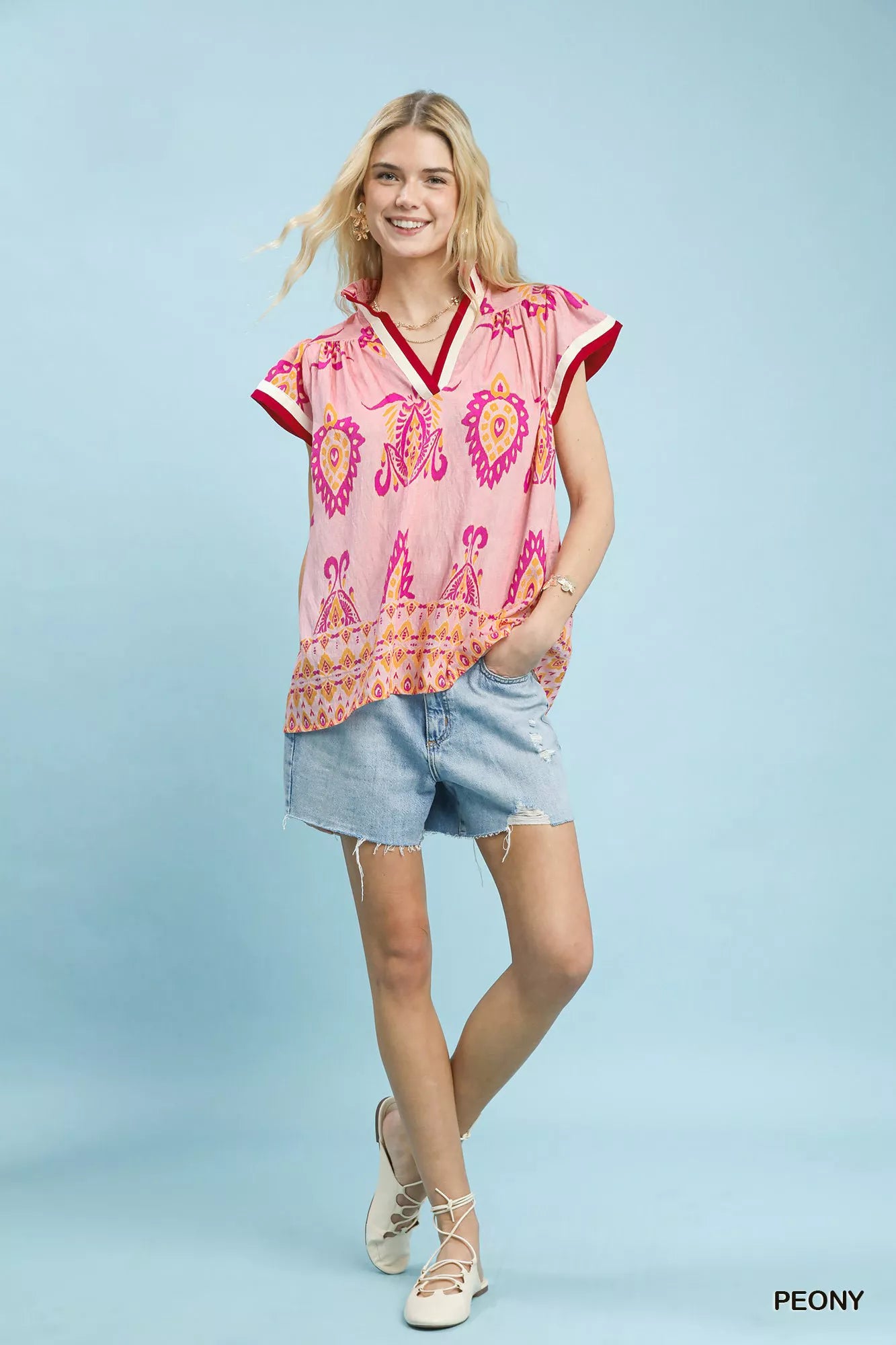 Border Print Split-Neck Boho Top Short Sleeves Umgee