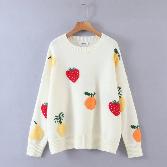 Strawberry Fruit Knit Sweater White Fashion Women's Rabbit Wool Blend