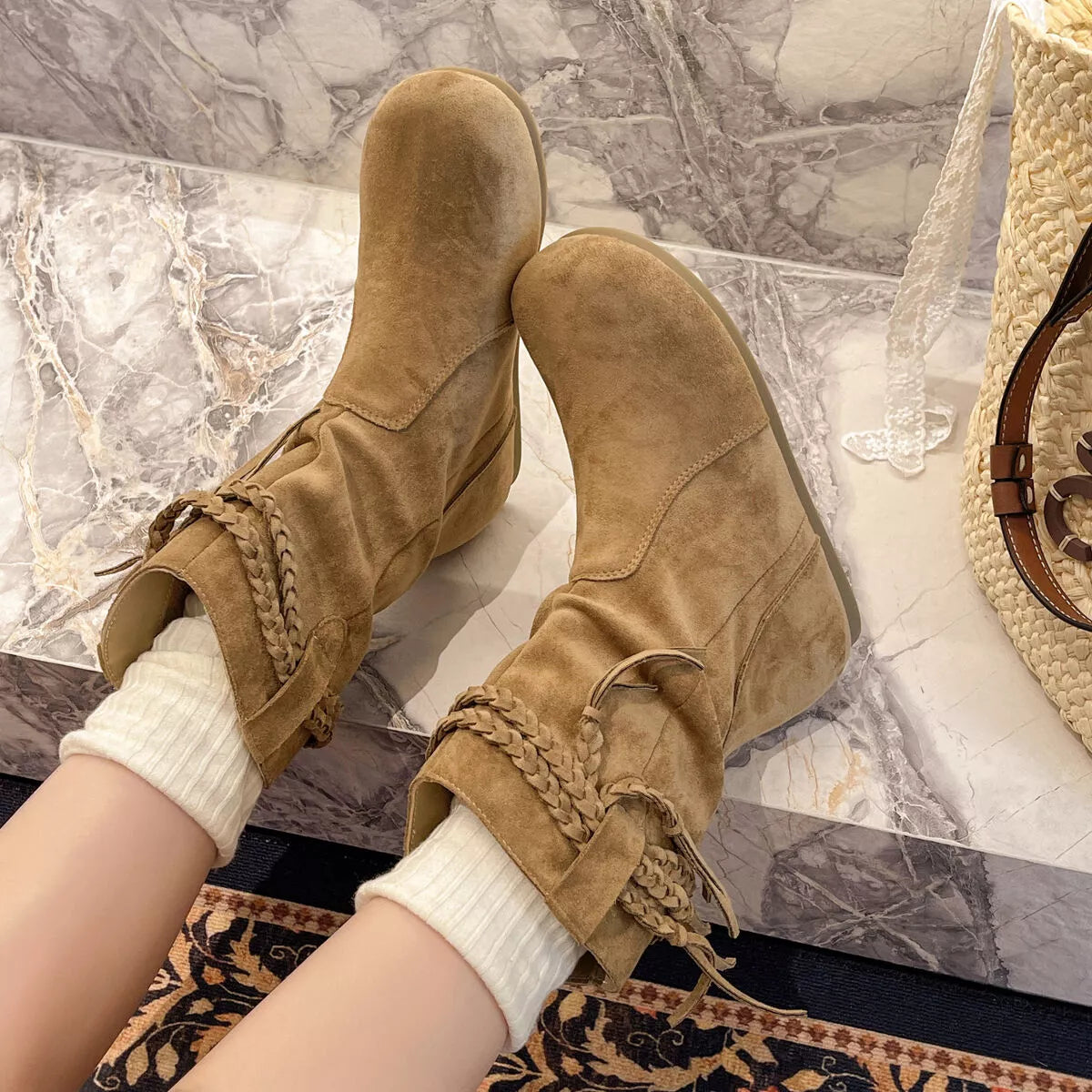 Suede Fringe Round Toe Boots Block Heel