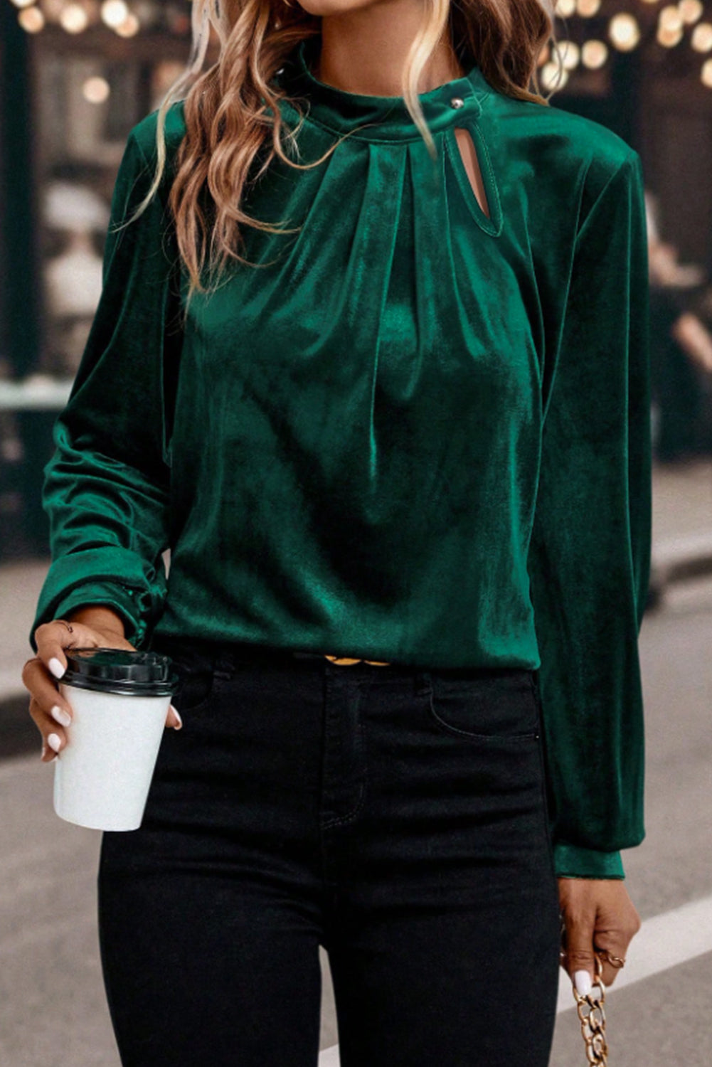 Red Dahlia Asymmetric Button Keyhole Neck Long Sleeve Velvet Blouse