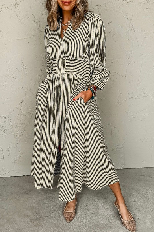 Stripe V-Neck Zip Front Midi Dress