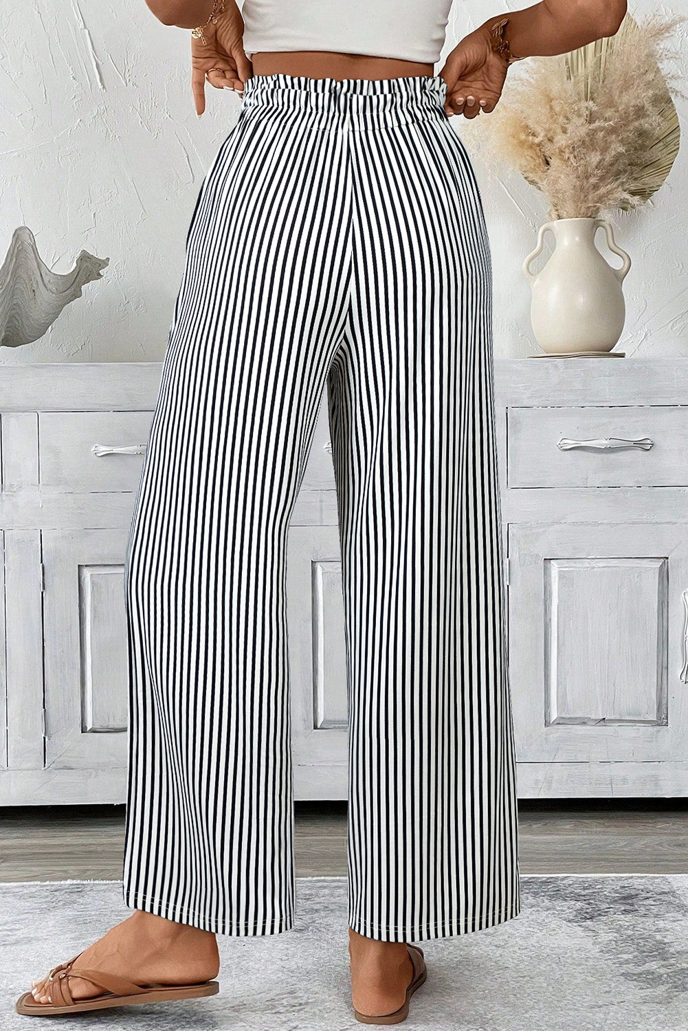 Black Striped Frill Knot Waist Decor Pants