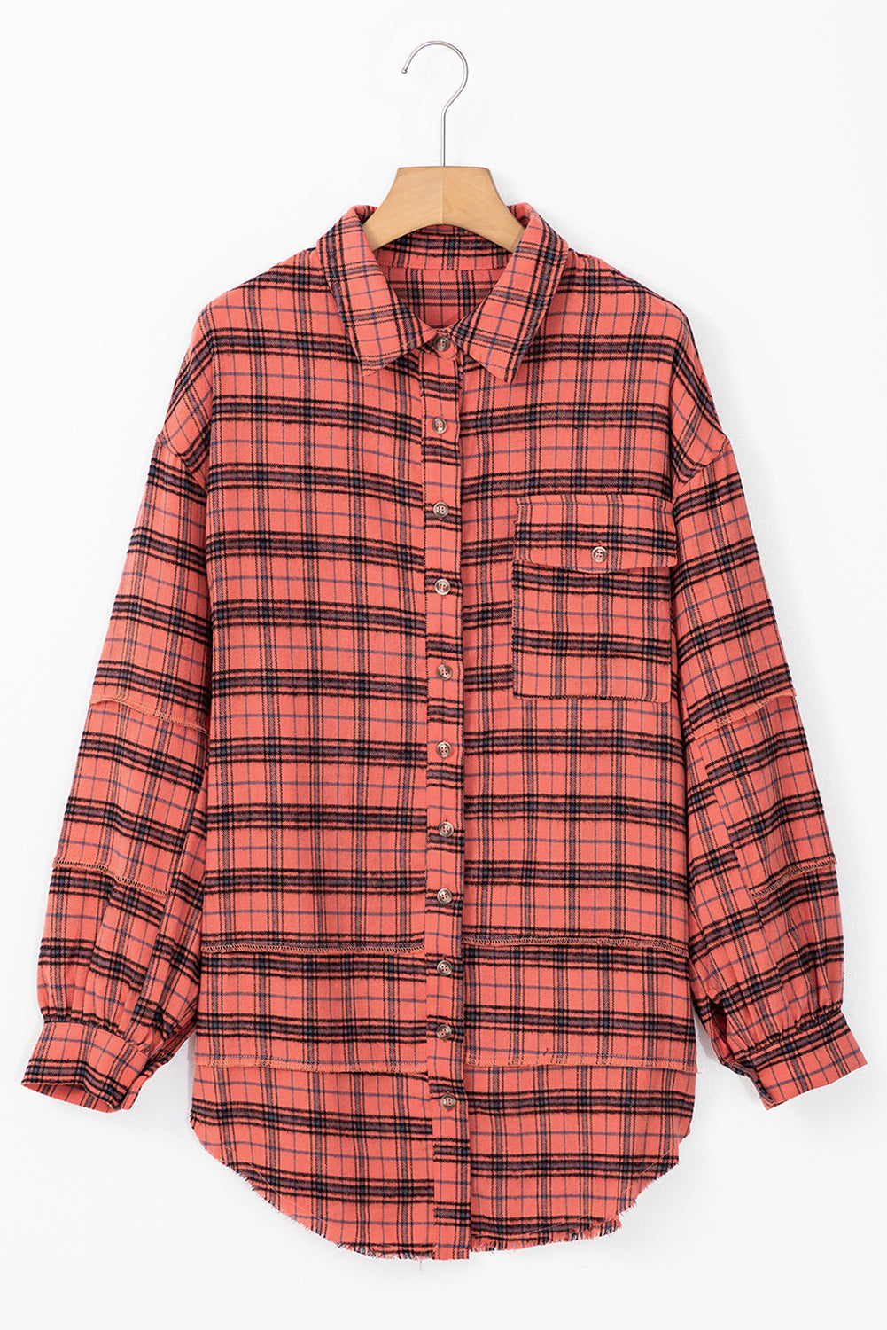 Red Plaid Distressed Hem Long Sleeve Shirt Shacket