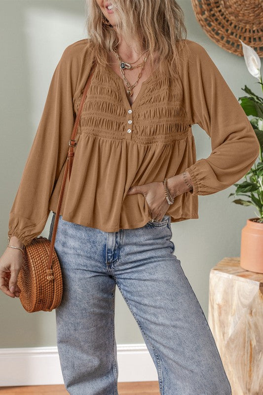 Smocked Split V-Neck Buttoned Blouse Solid