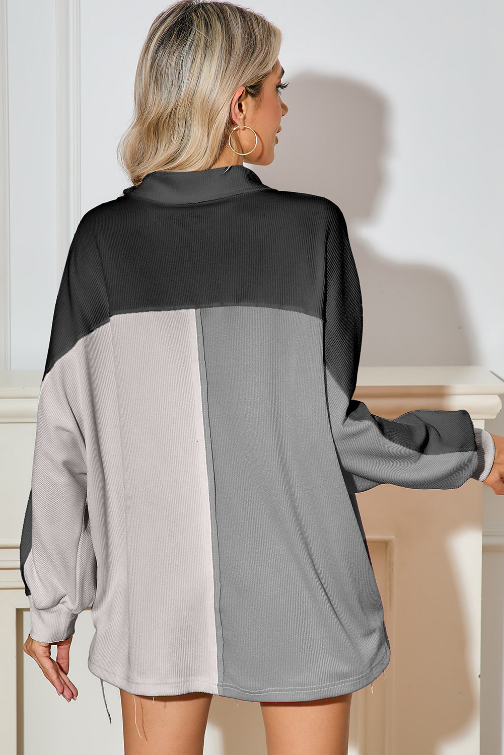 Gray Patchwork Ribbed Oversized Henley Sweatshirt
