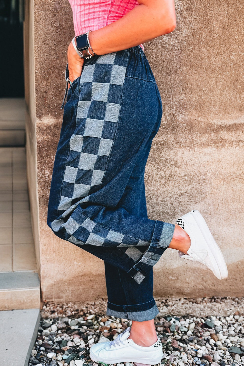Blue Checkered Side Panel Patchwork Drawstring Loose Denim Pants