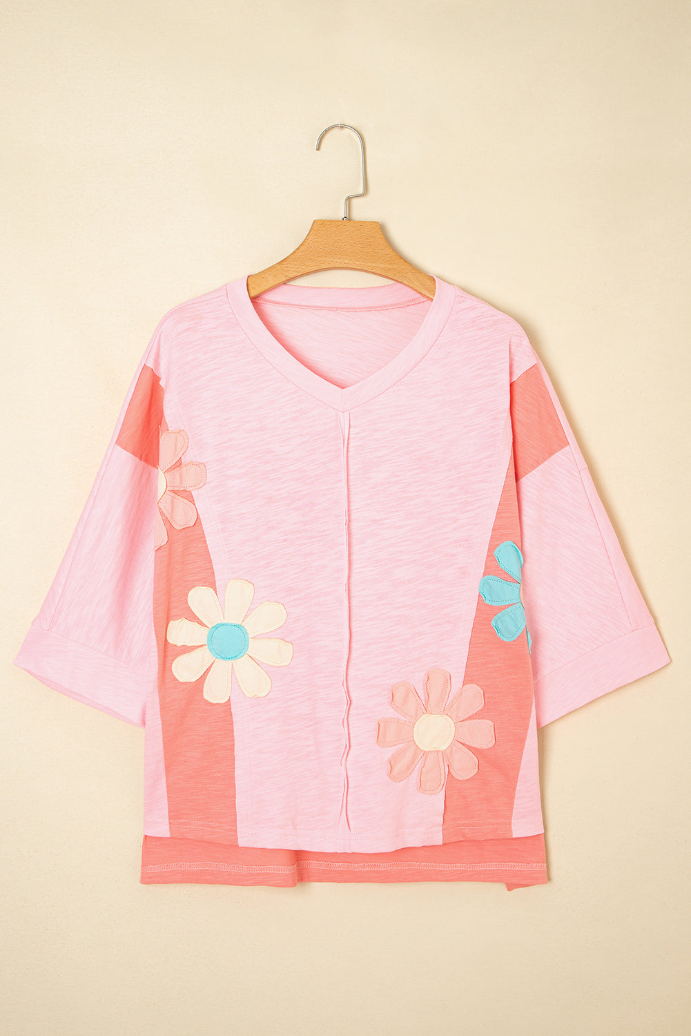 Green Flower Patched Exposed Seam 3/4 Sleeve Top