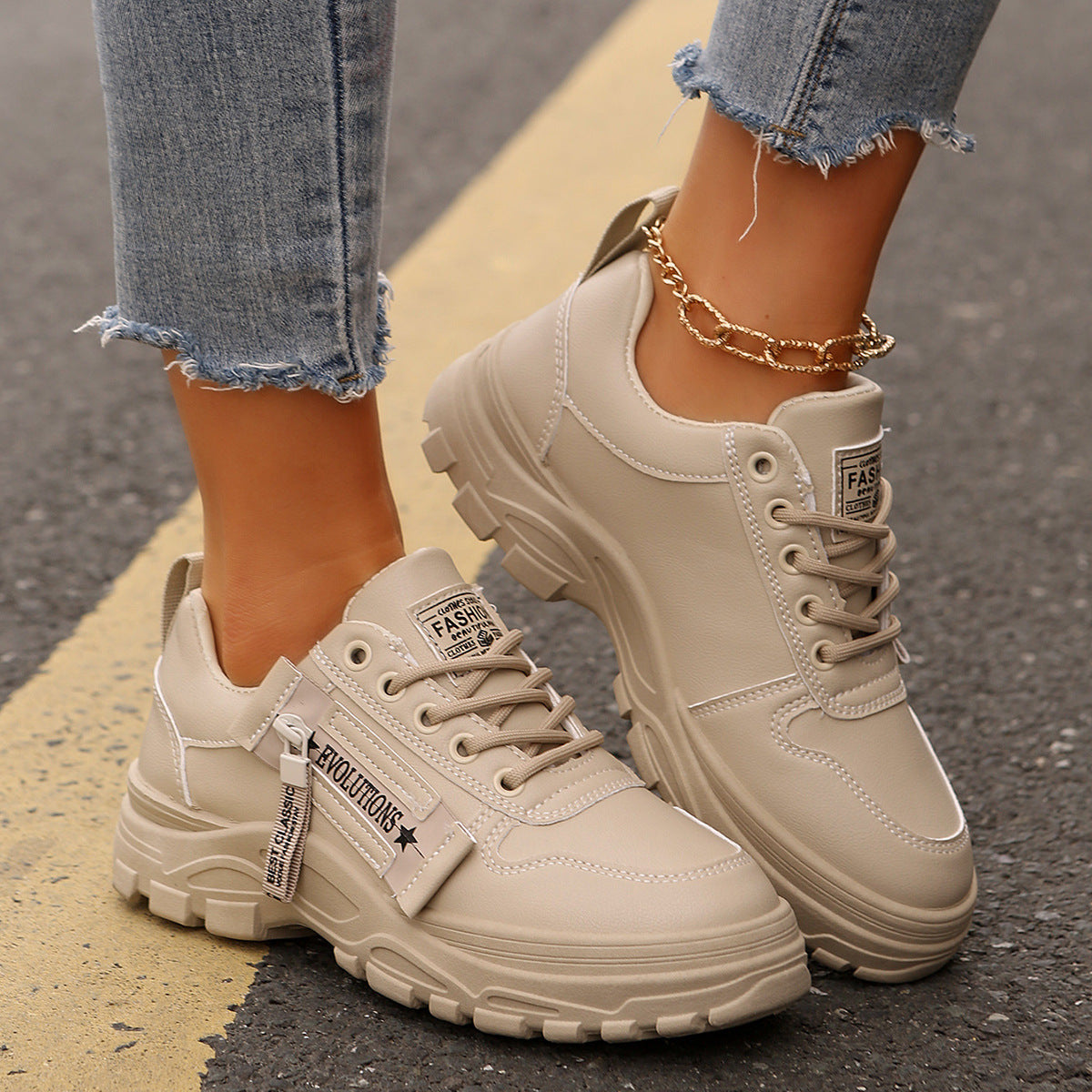 Women’s Lace-Up Side-Zipper Sports Sneakers with Thick Sole