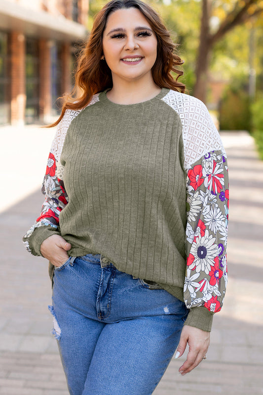 Plus Size Textured Floral Patchwork Raglan Sleeve Top Vineyard Green