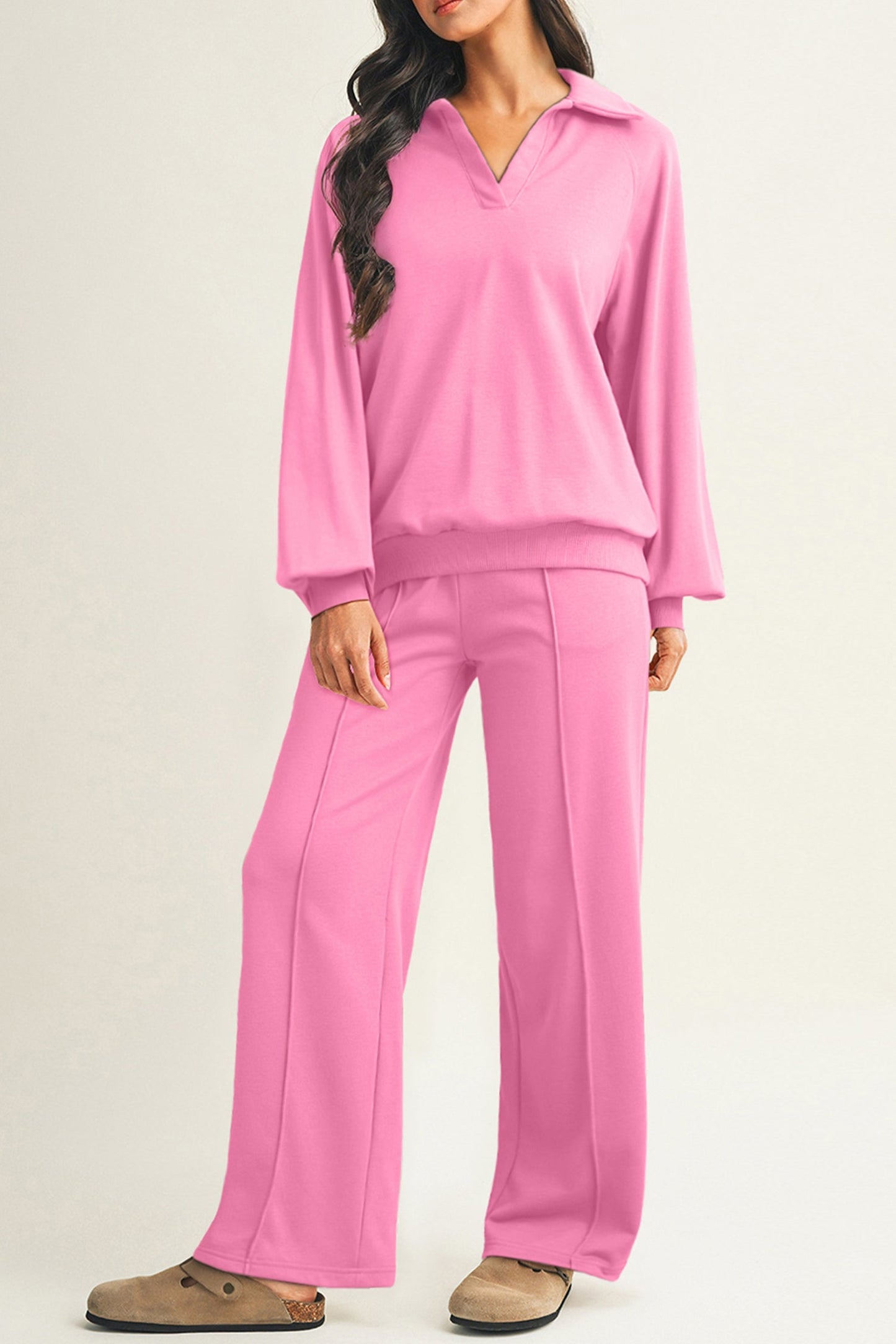 Dark Khaki V Neck Pullover and Drawstring Sweatpants Set