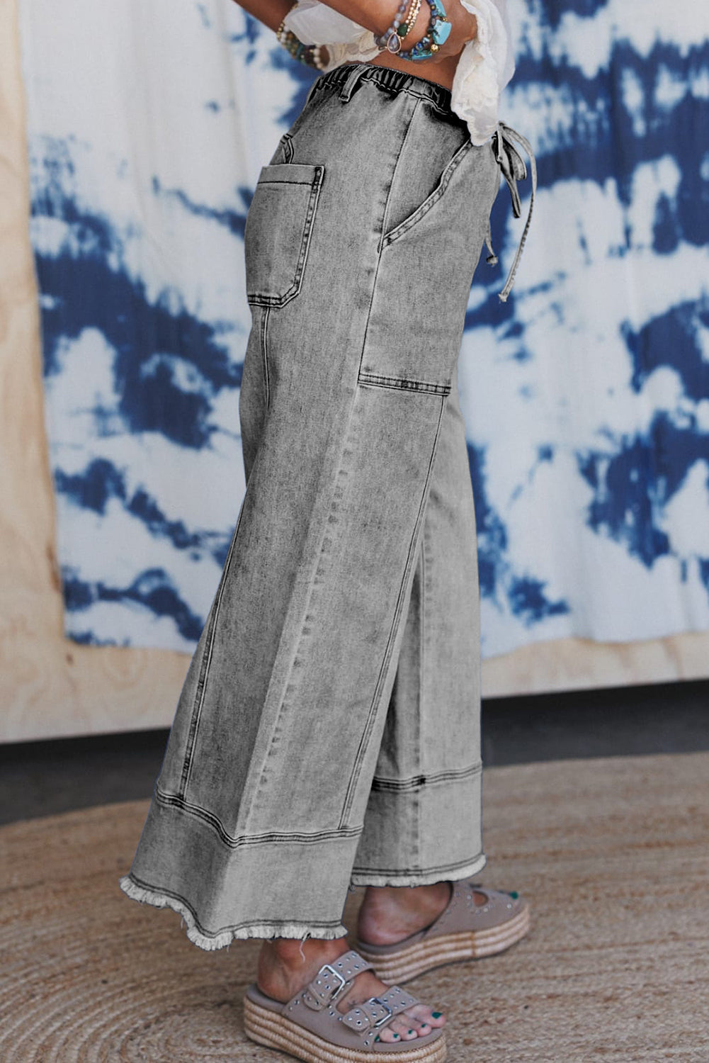 Drawstring Waist Seam Detail Wide Leg Jeans Beau Blue