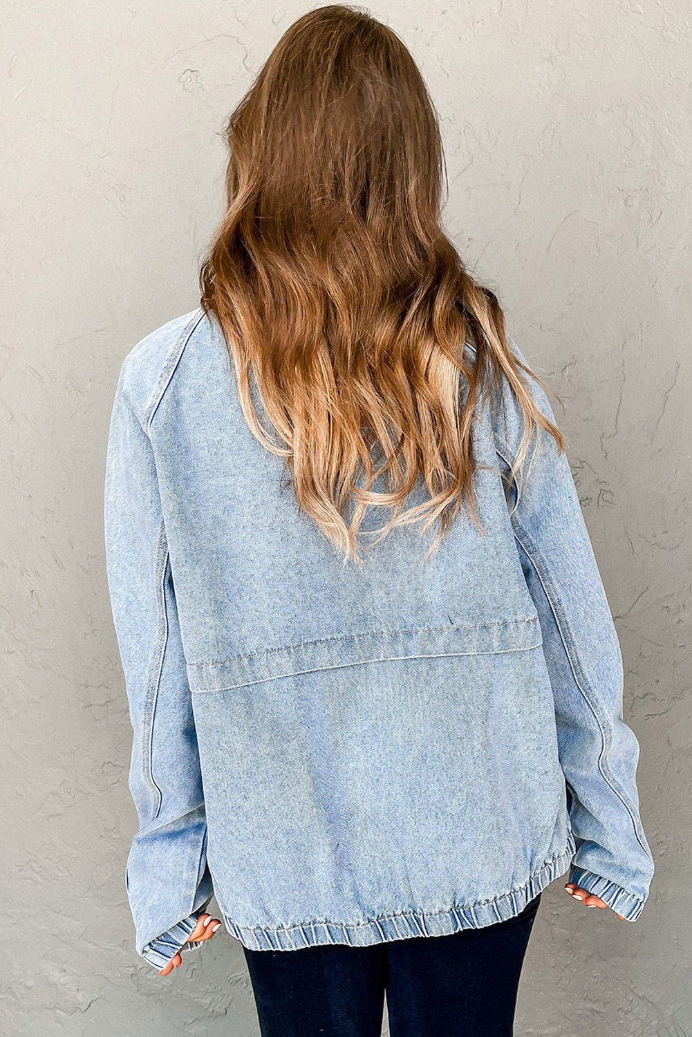 Elastic Hem Collared Zip Up Denim Jacket Myosotis