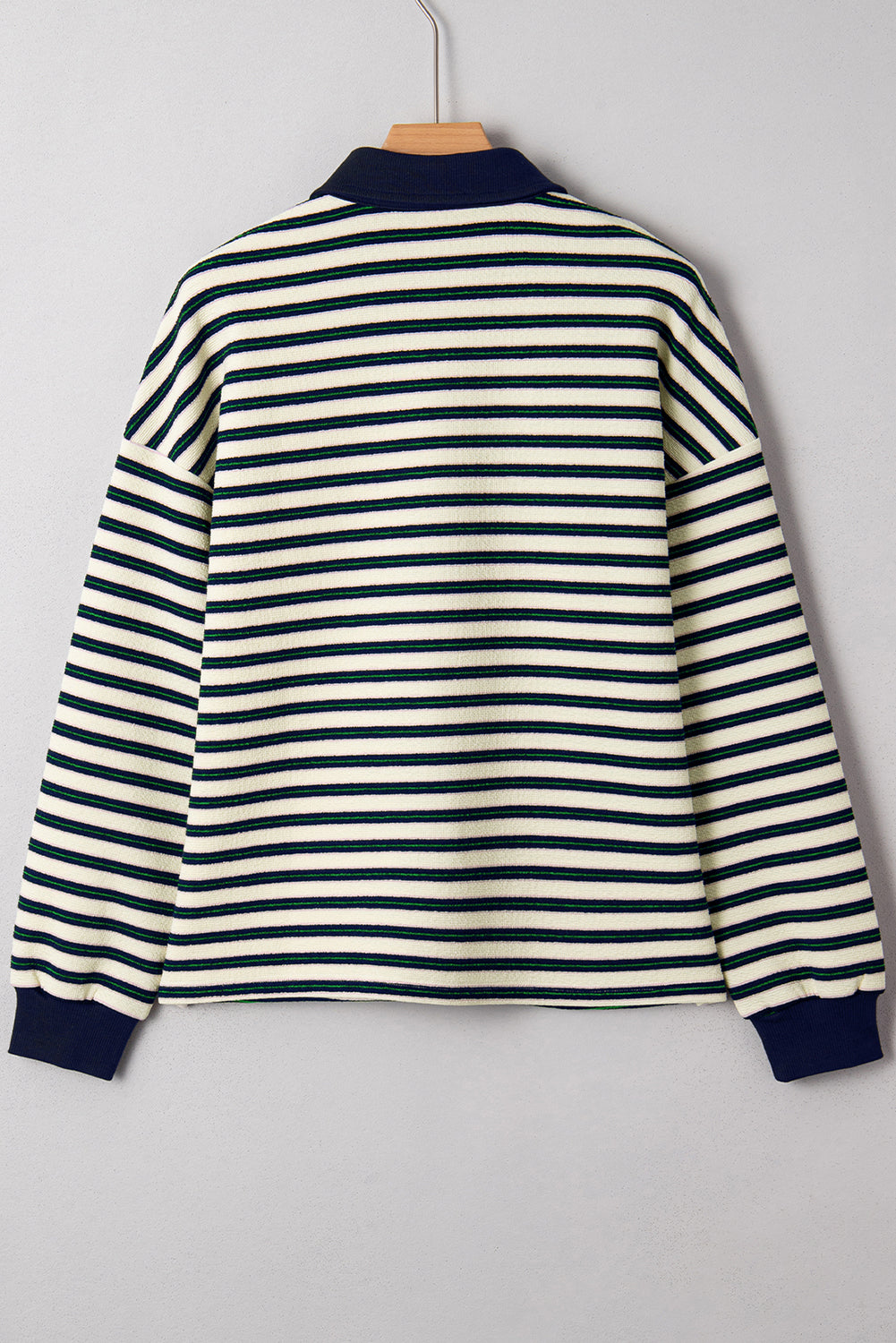 Dark Green Striped Long Sleeve Top Zip V Neck Contrast Collar