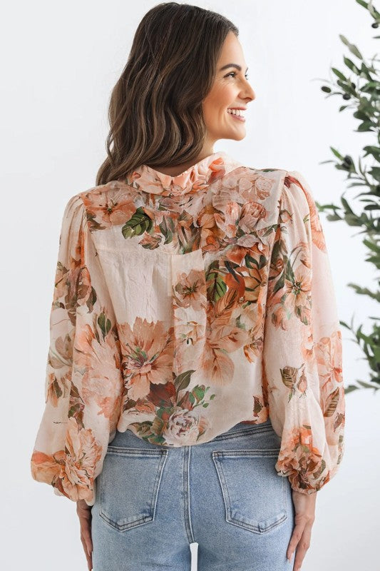 Floral Puff Sleeve Collared Shirt Light and Airy Women's Shirt
