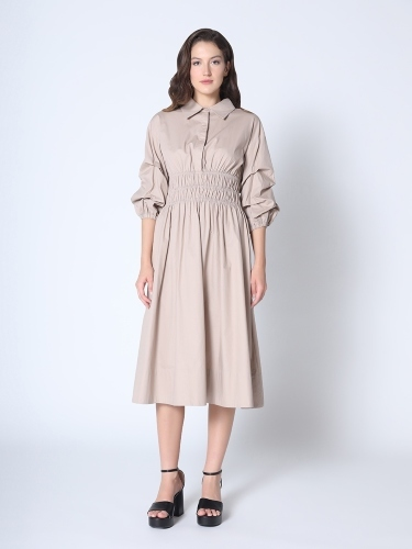 Ruched Puff Sleeve A Line Midi Dress Cotton Gracia D33917