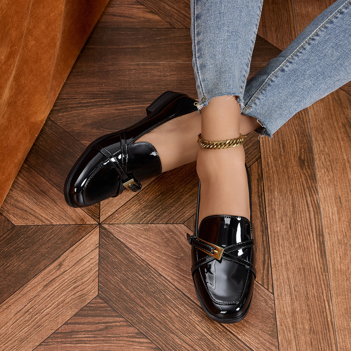 Patent Leather Low Heel Square Toe Loafers Women’s Slip-On Flats