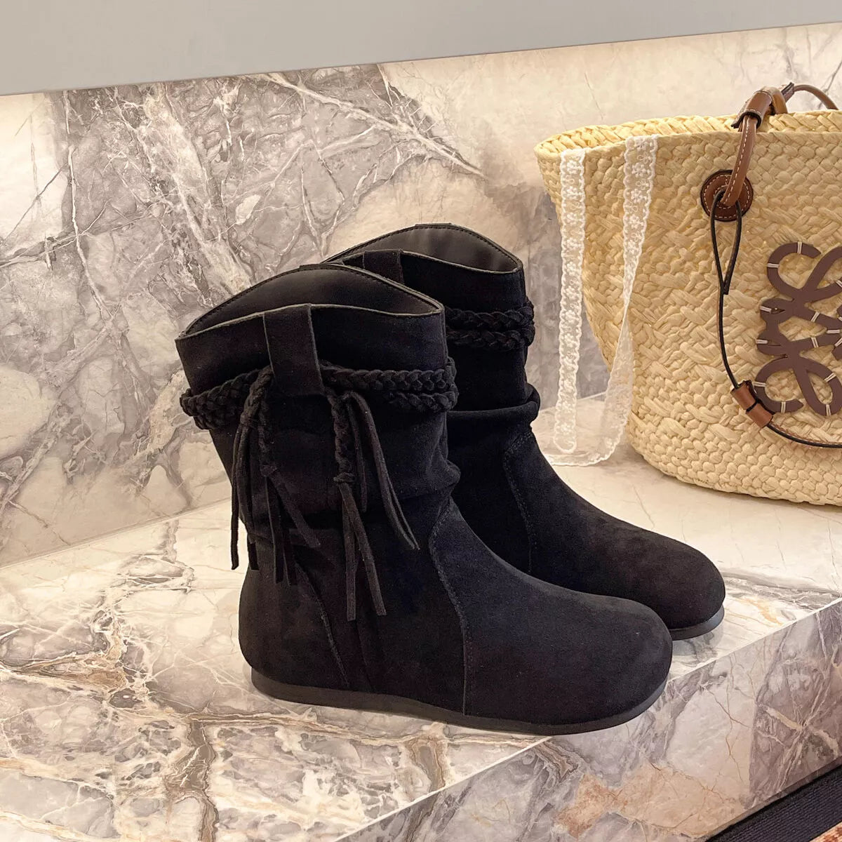 Suede Fringe Round Toe Boots Block Heel