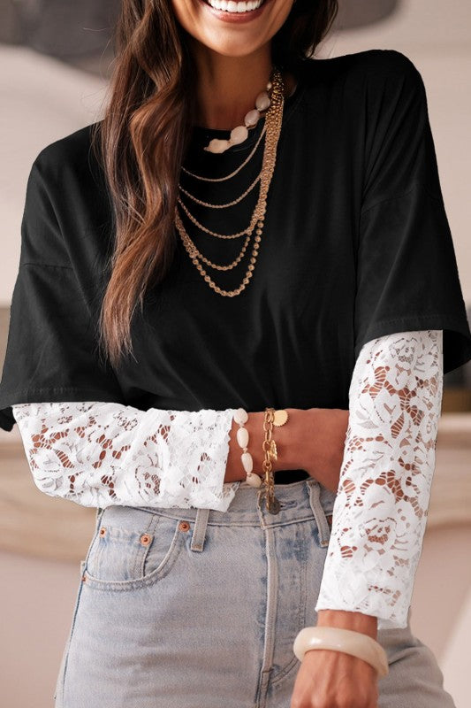 Lace Insert Long Sleeve Drop Shoulder Tee