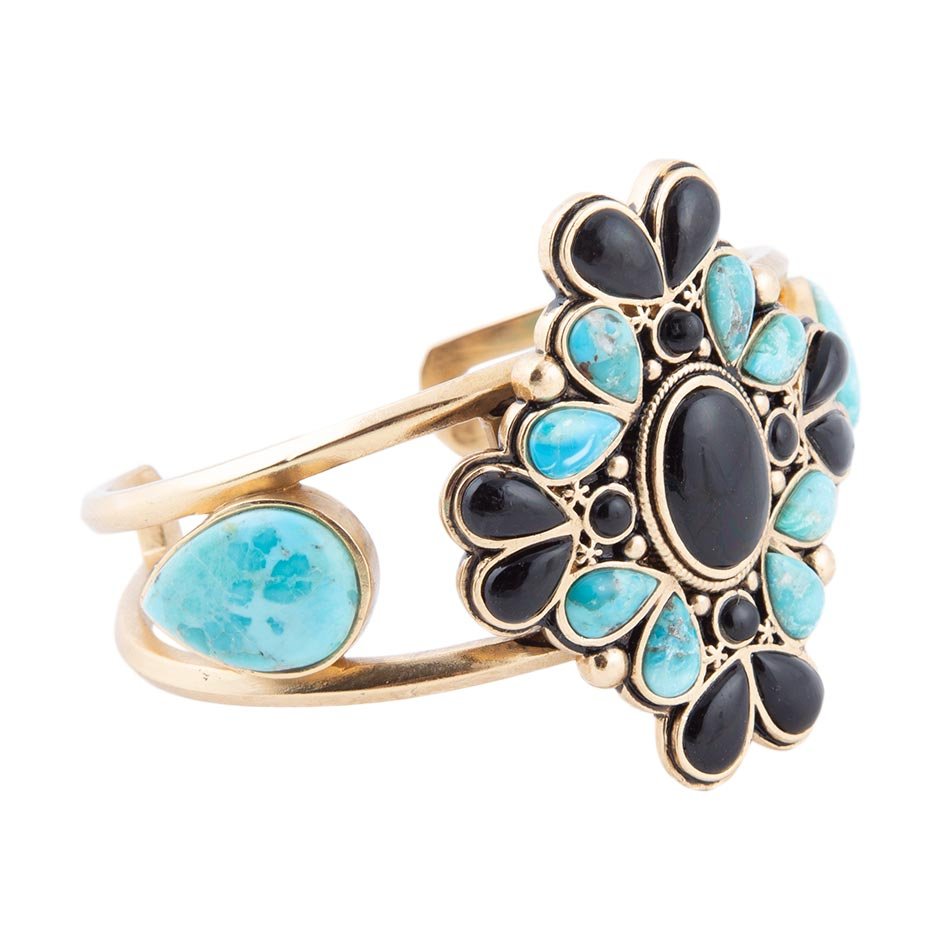 Barcelona Blue Turquoise Black Onyx Golden Cuff Bracelet