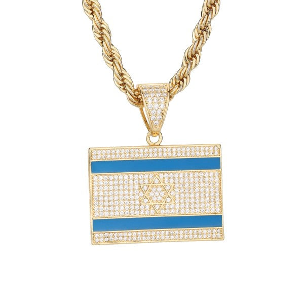 Israel Flag Gold Crystal Necklace 18K Gold-Plated Pendant