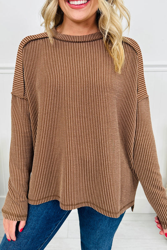 Dark Khaki Twist Ribbed Long Sleeve Loose Top