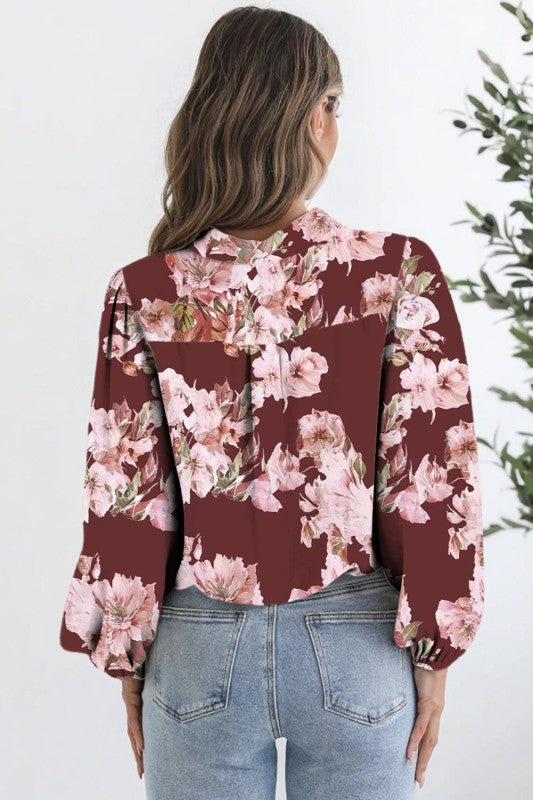 Floral Puff Sleeve Collared Shirt Light and Airy Women's Shirt