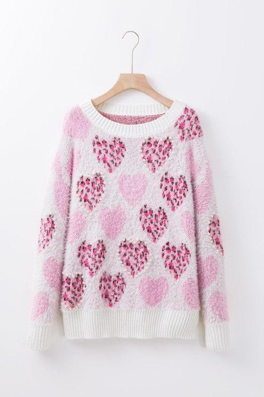 Heart Leopard Pearled Ribbed Trim Fuzzy Sweater