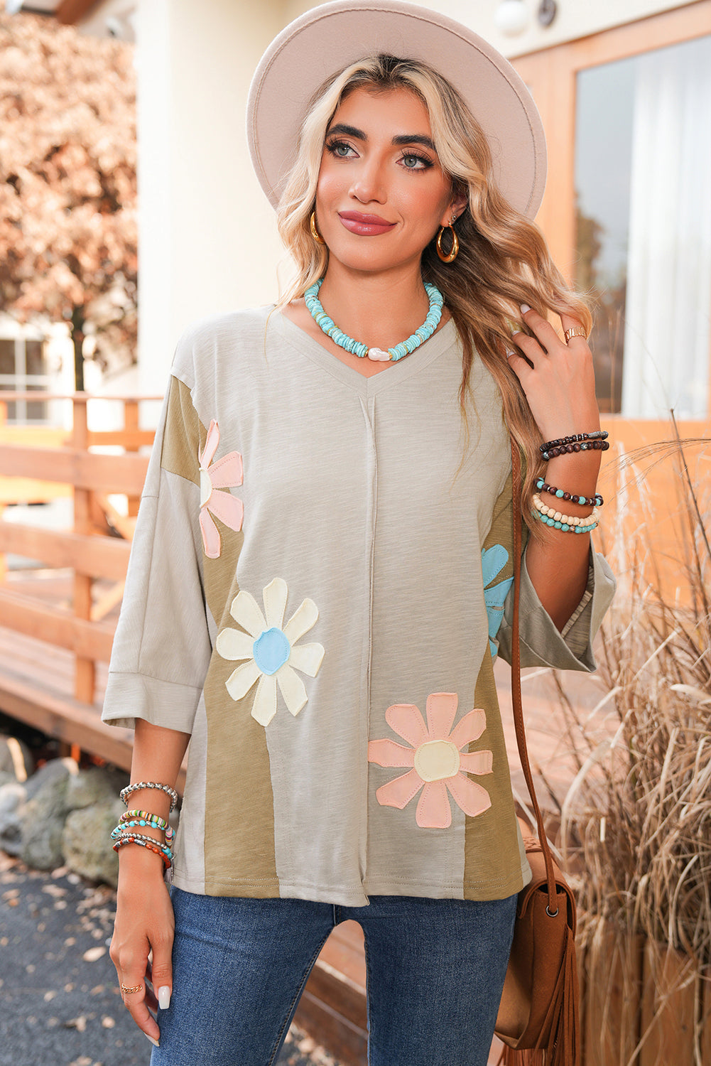 Green Flower Patched Exposed Seam 3/4 Sleeve Top