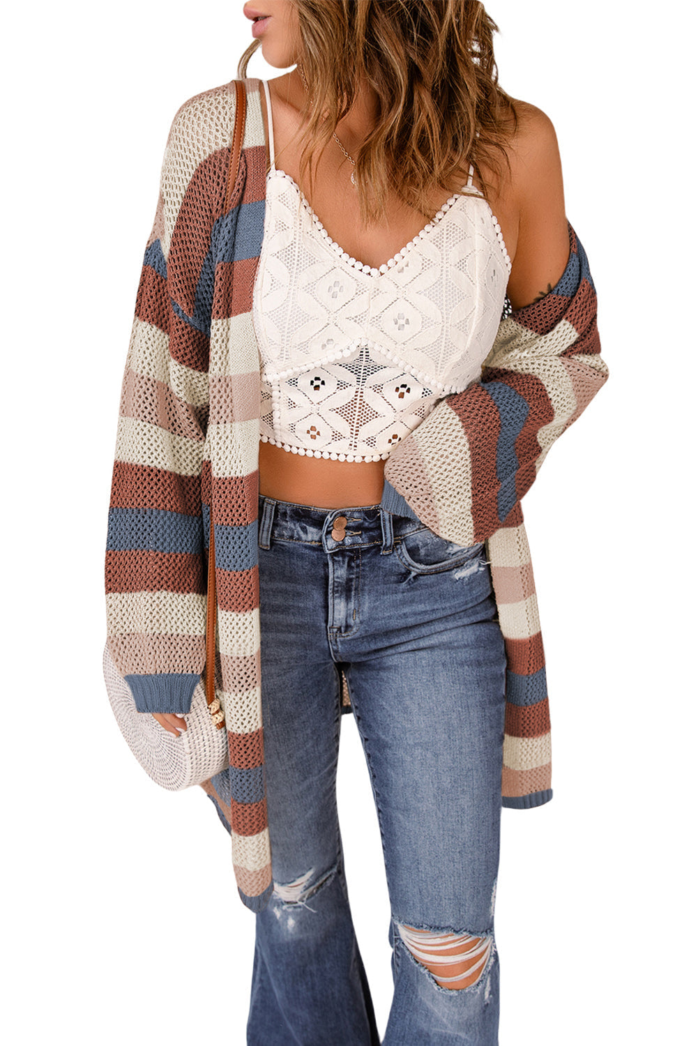 Dark Blue Color Block Cut Out Knit Cardigan