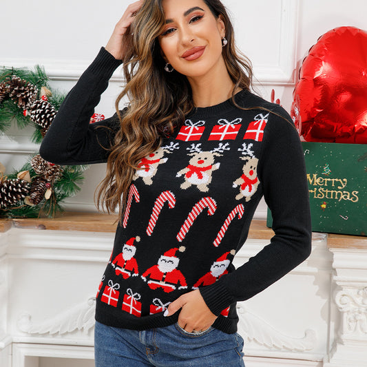 Loose Christmas Sweater Black Women's Winter Crew Neck Pullover Jacquard
