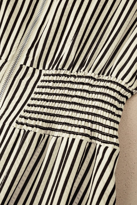 Stripe V-Neck Zip Front Midi Dress