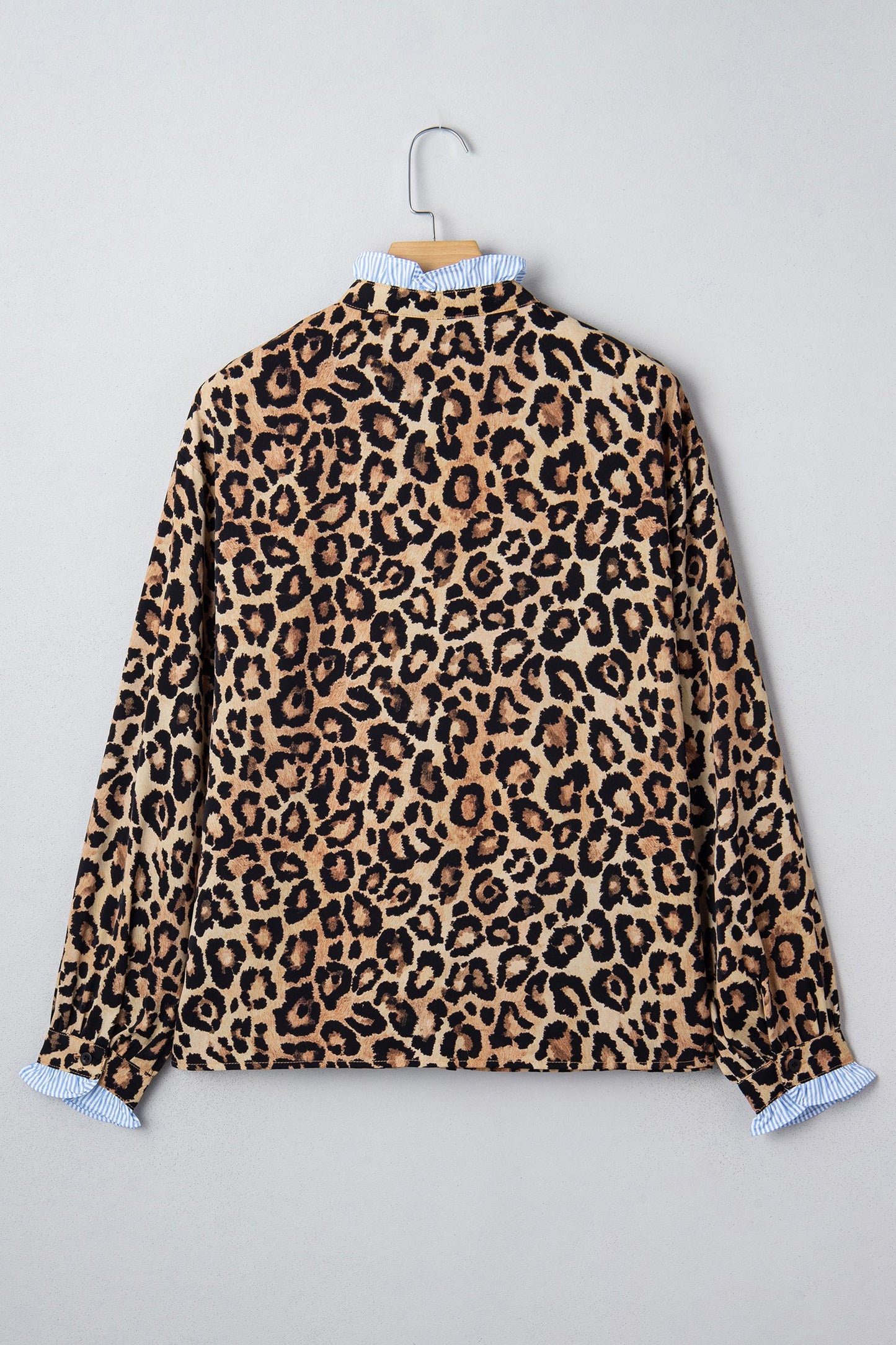Brown Wild Leopard Print Contrast Striped Frilled Trim Shirt