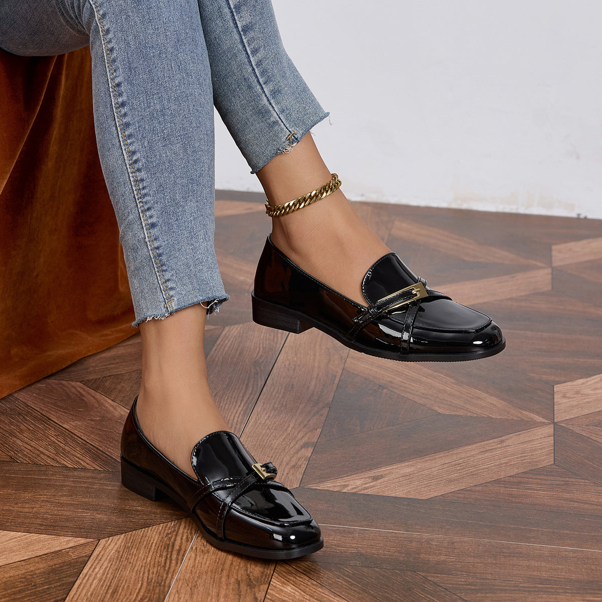 Patent Leather Low Heel Square Toe Loafers Women’s Slip-On Flats