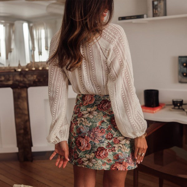 White Lace Hollow Out Puff Sleeve Button Up Shirt