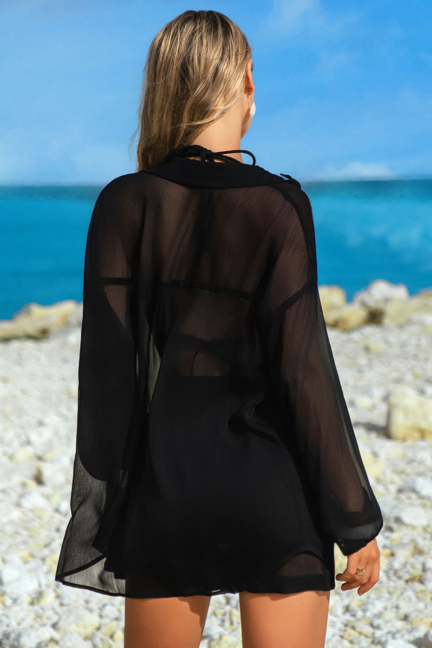 Black Sheer Tunic Shirt Drawstring Shorts Swim Cover Up