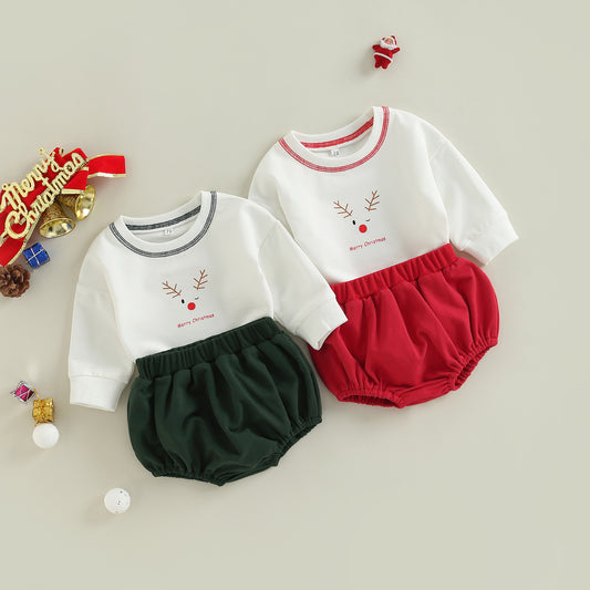 Christmas Baby Two Piece Dress Set Thick Cotton Shorts Red Green