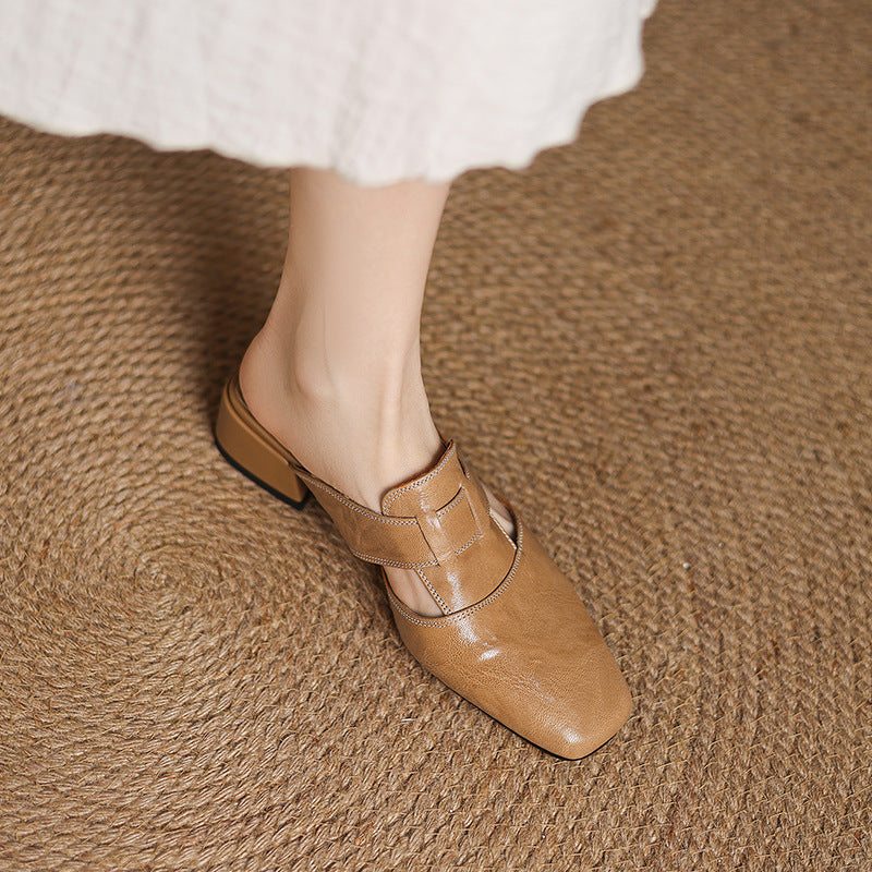 Retro Apricot Closed Toe Half Slippers Genuine Leather