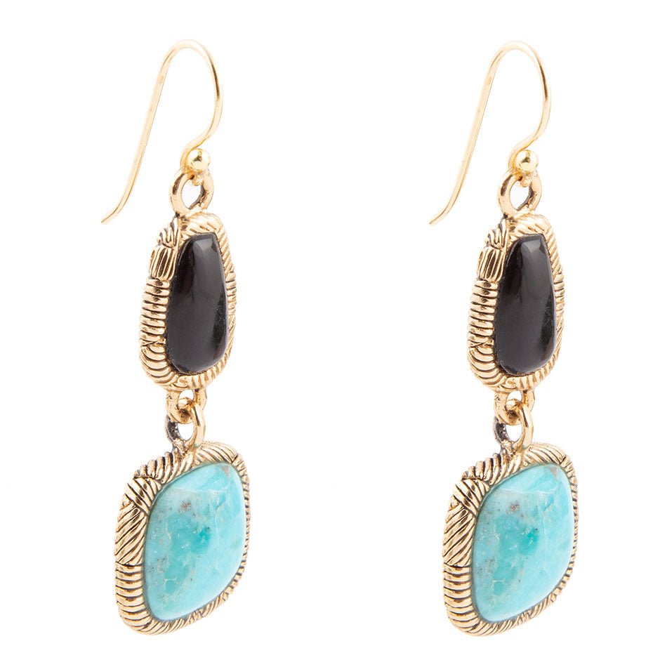 Black Onyx Blue Turquoise Golden Bronze Drop Earrings