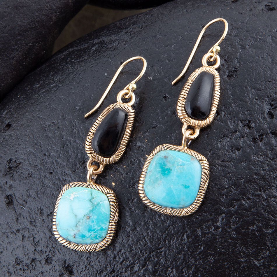 Black Onyx Blue Turquoise Golden Bronze Drop Earrings