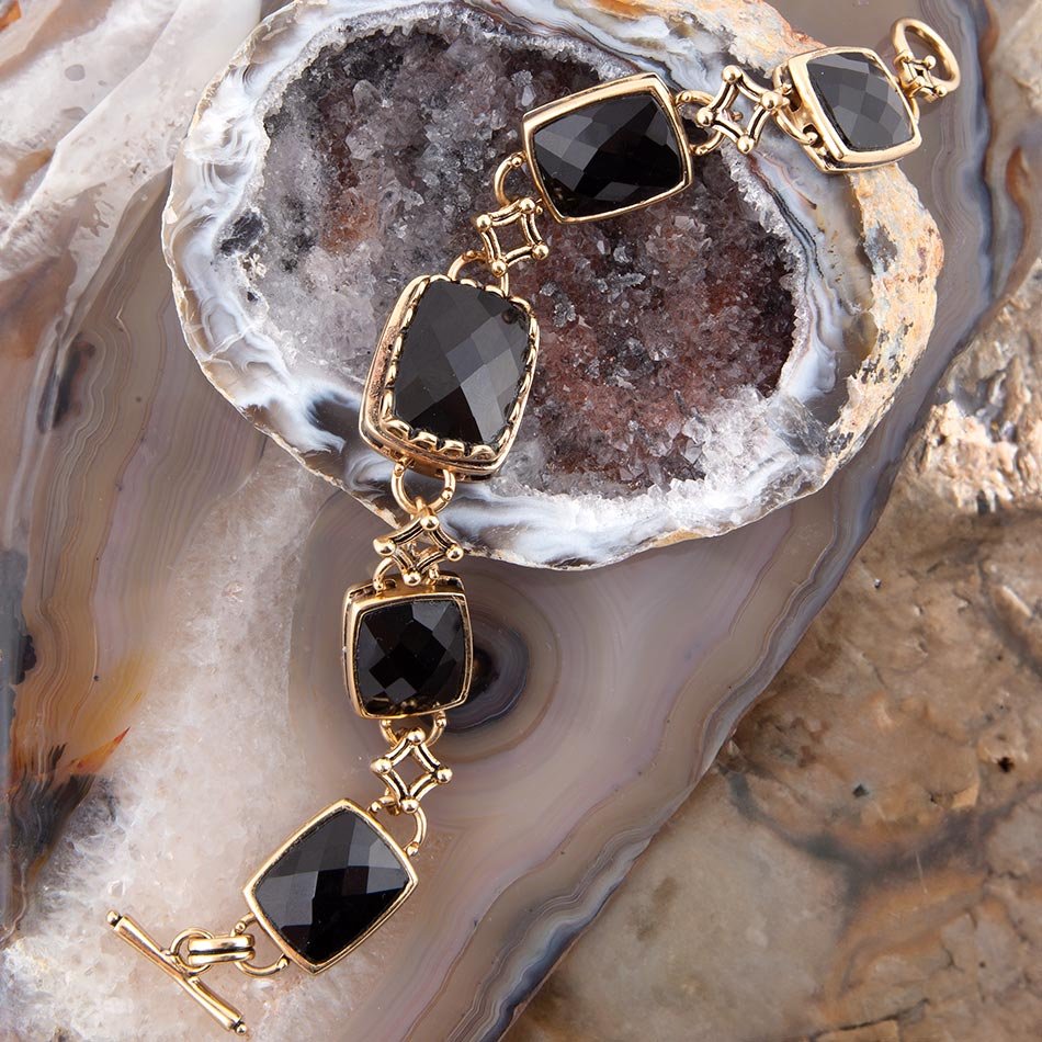 Black Onyx Golden Link Bracelet Faceted Stones Barse Jewelry