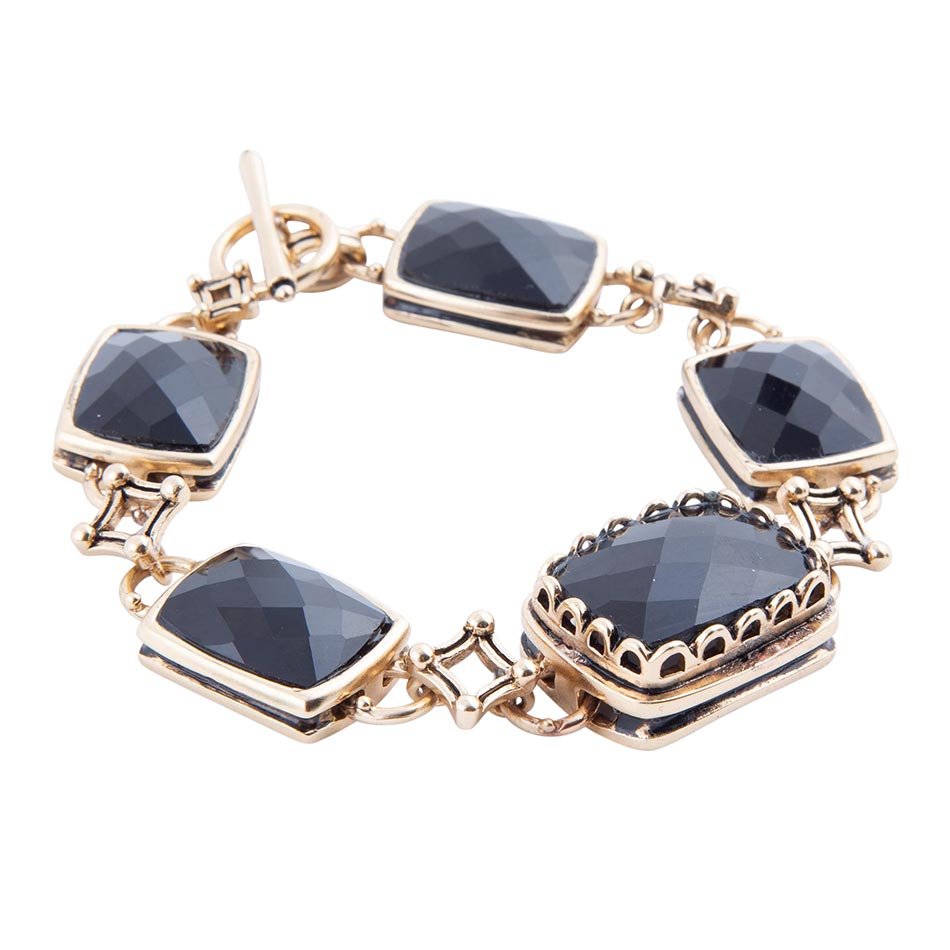 Black Onyx Golden Link Bracelet Faceted Stones Barse Jewelry