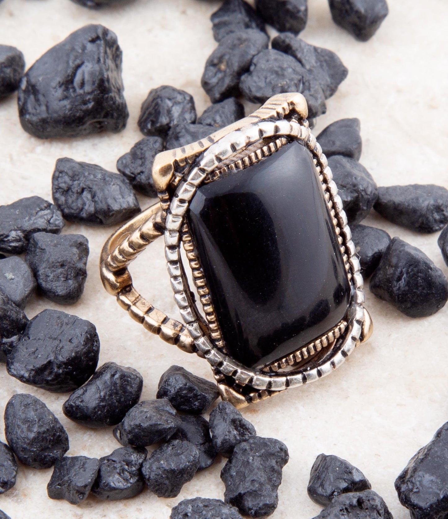 Black Onyx Mixed Metal Statement Ring Handcrafted Jewelry